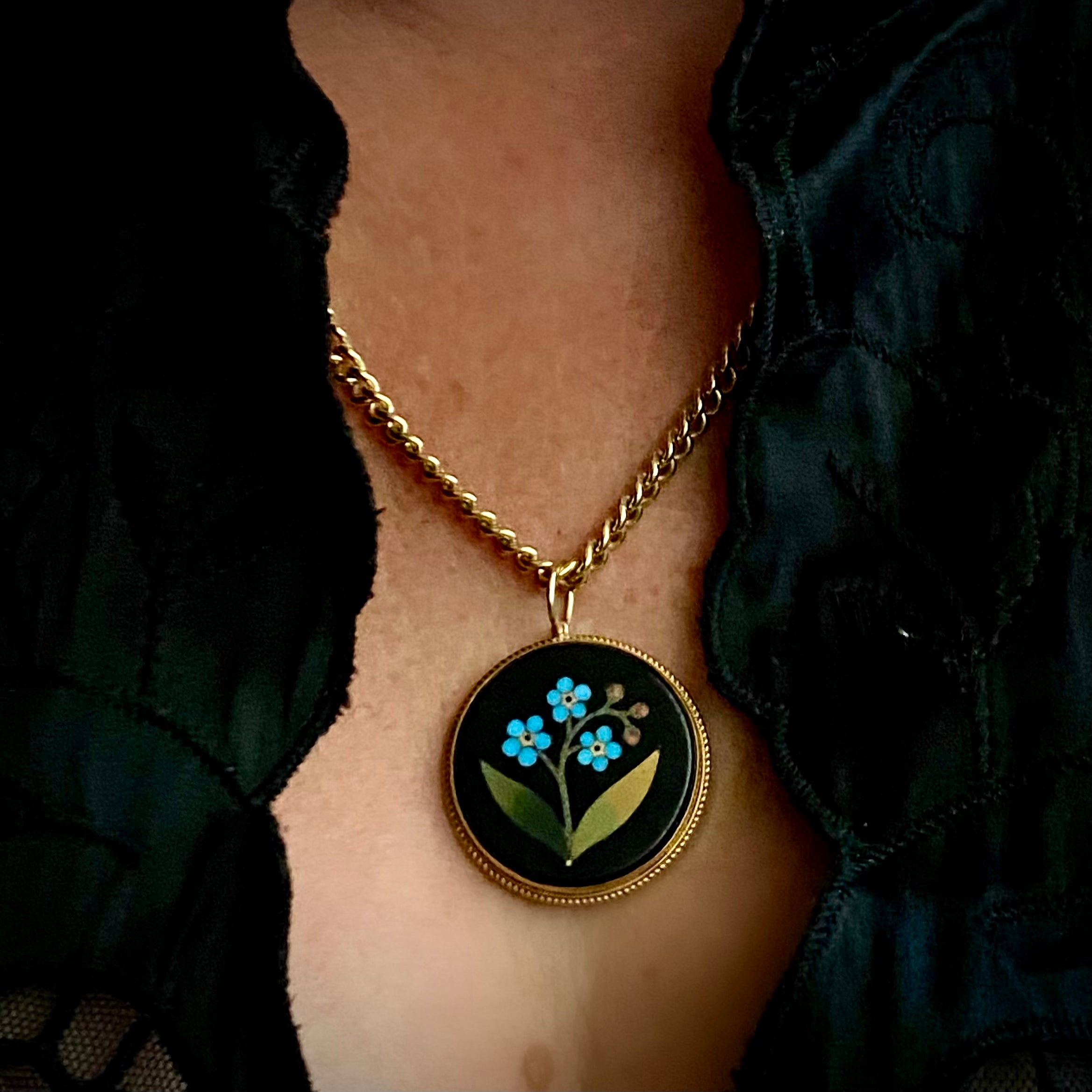 Antique Victorian 14k Pietra Dura Forget-Me-Not Pendant