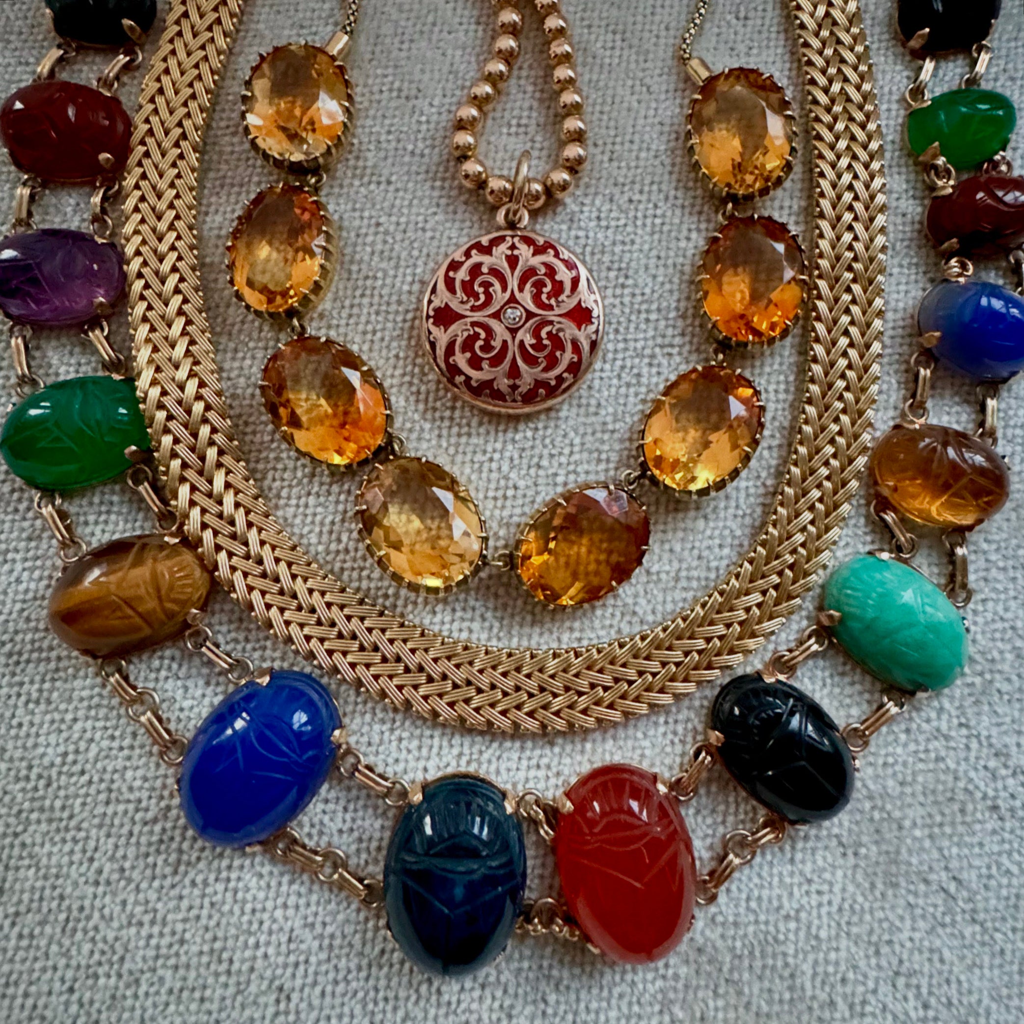 Vintage Mid-Century 14k Multi Stone Scarab Necklace