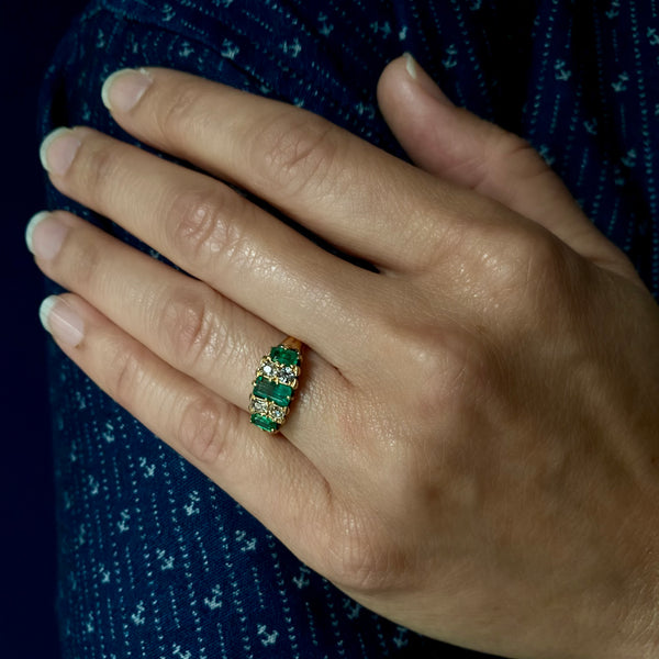 Antique Victorian 18k Emerald & Diamond Row Ring