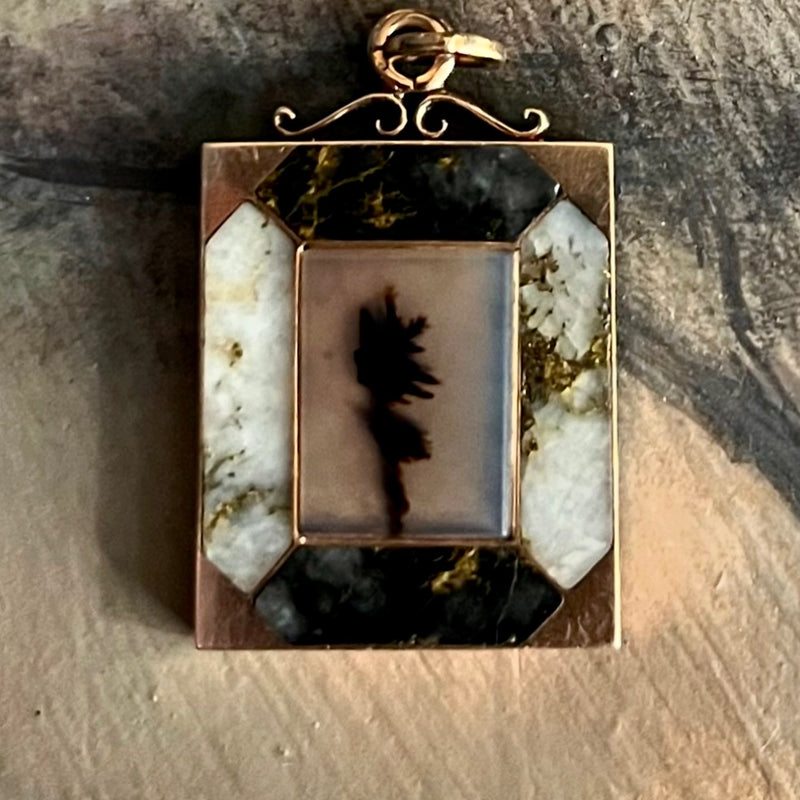 Antique Victorian 14k Dendrite Agate & Gold-in-Quartz Pendant