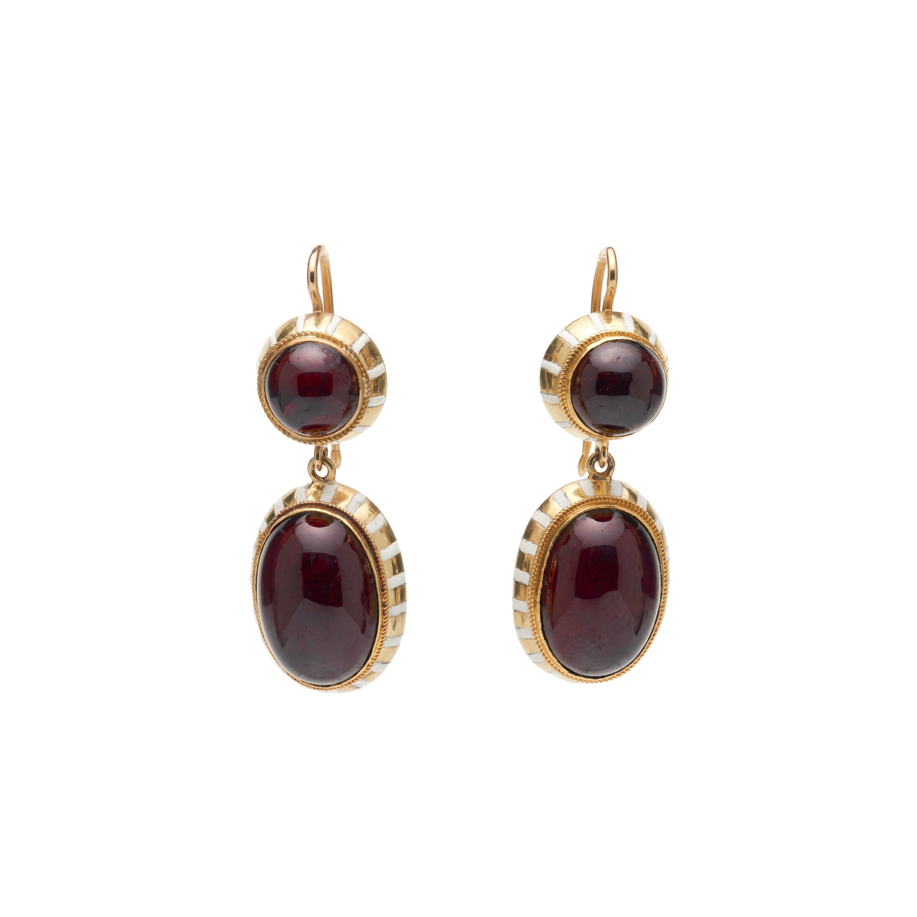 Antique  15k Victorian Garnet & White Enamel Drop Earrings