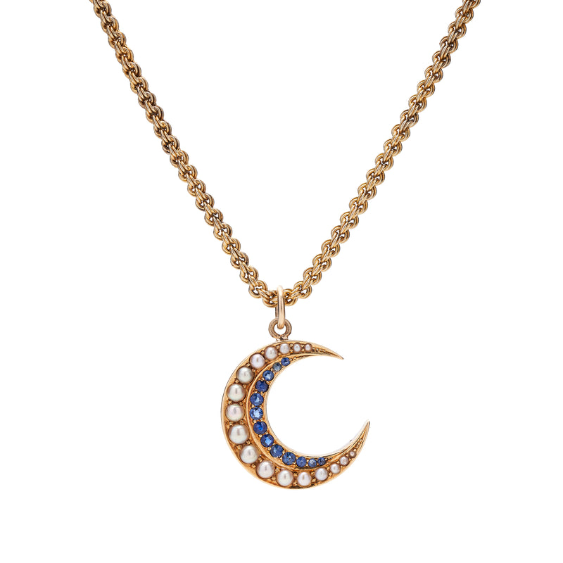 Antique Victorian 14k Natural Pearl & Sapphire Crescent Moon Pendant