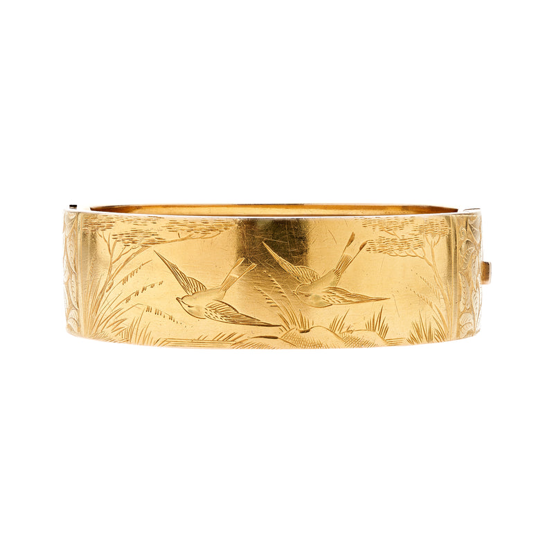 Antique Aesthetic Movement 15k Engraved w/ Birds Bangle