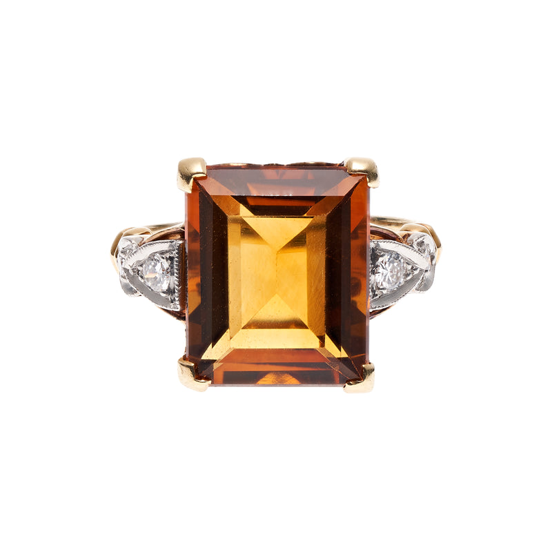 Antique Late Victorian 14k Emerald Cut Madeira Citrine w/ Diamonds Ring