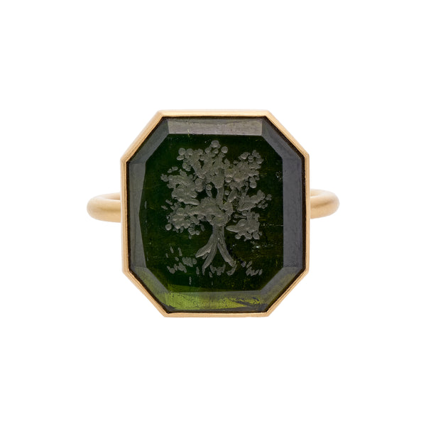 Gabriella Kiss 18k Portrait Cut Green Tourmaline w/ Carved Tree Ring