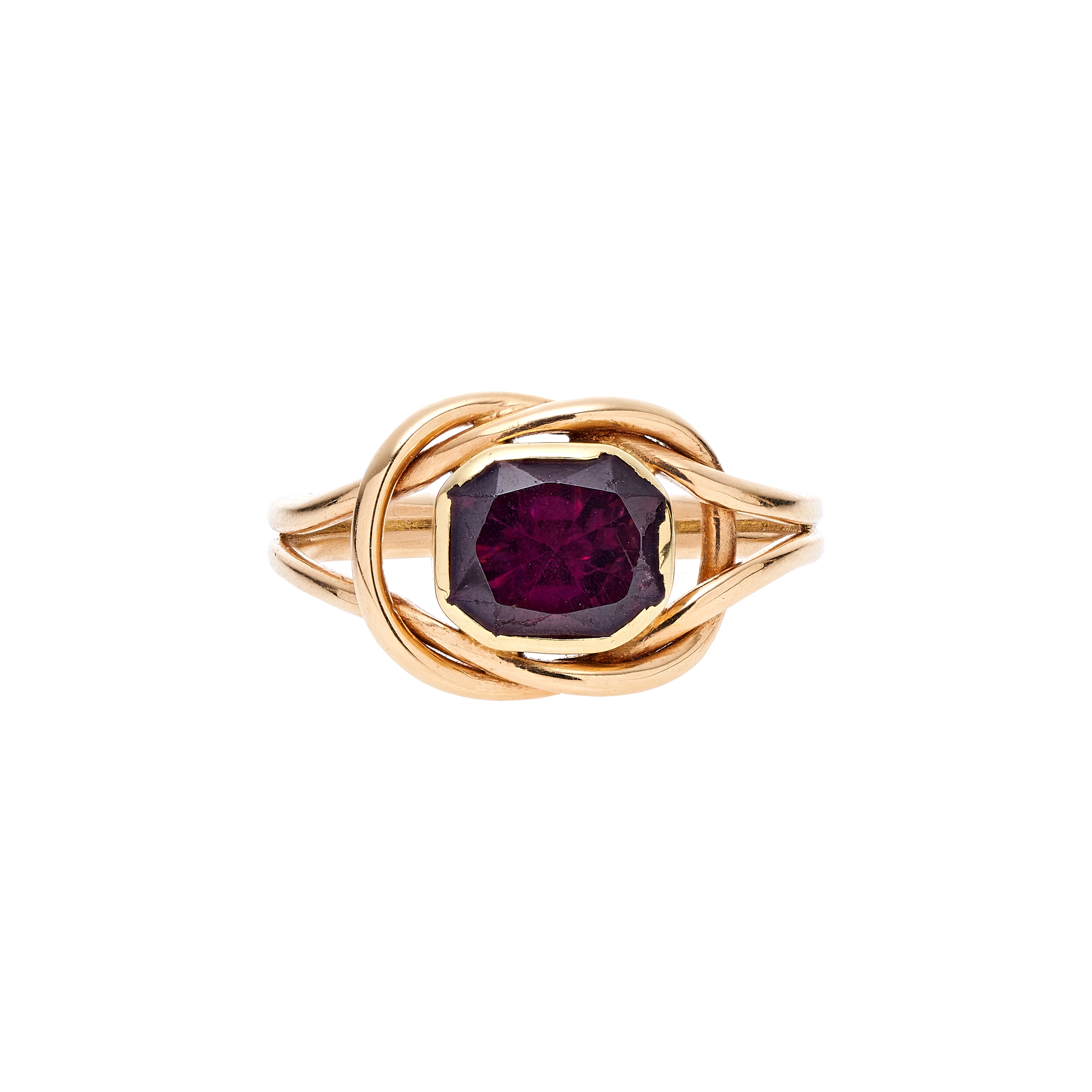 Antique 15k Flat Cut Garnet Closed Back Knot Ring