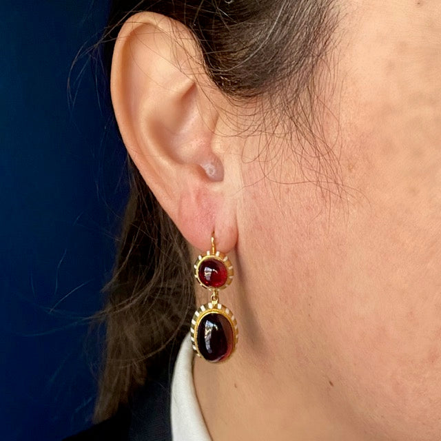 Antique  15k Victorian Garnet & White Enamel Drop Earrings