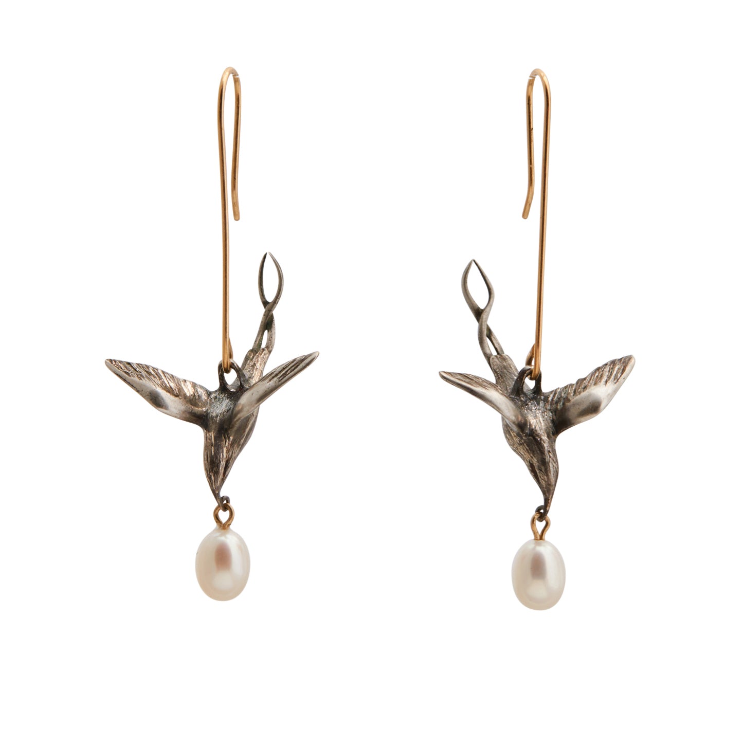 Gabriella Kiss Silver Flying Bird Earrings with White Pearl Drops