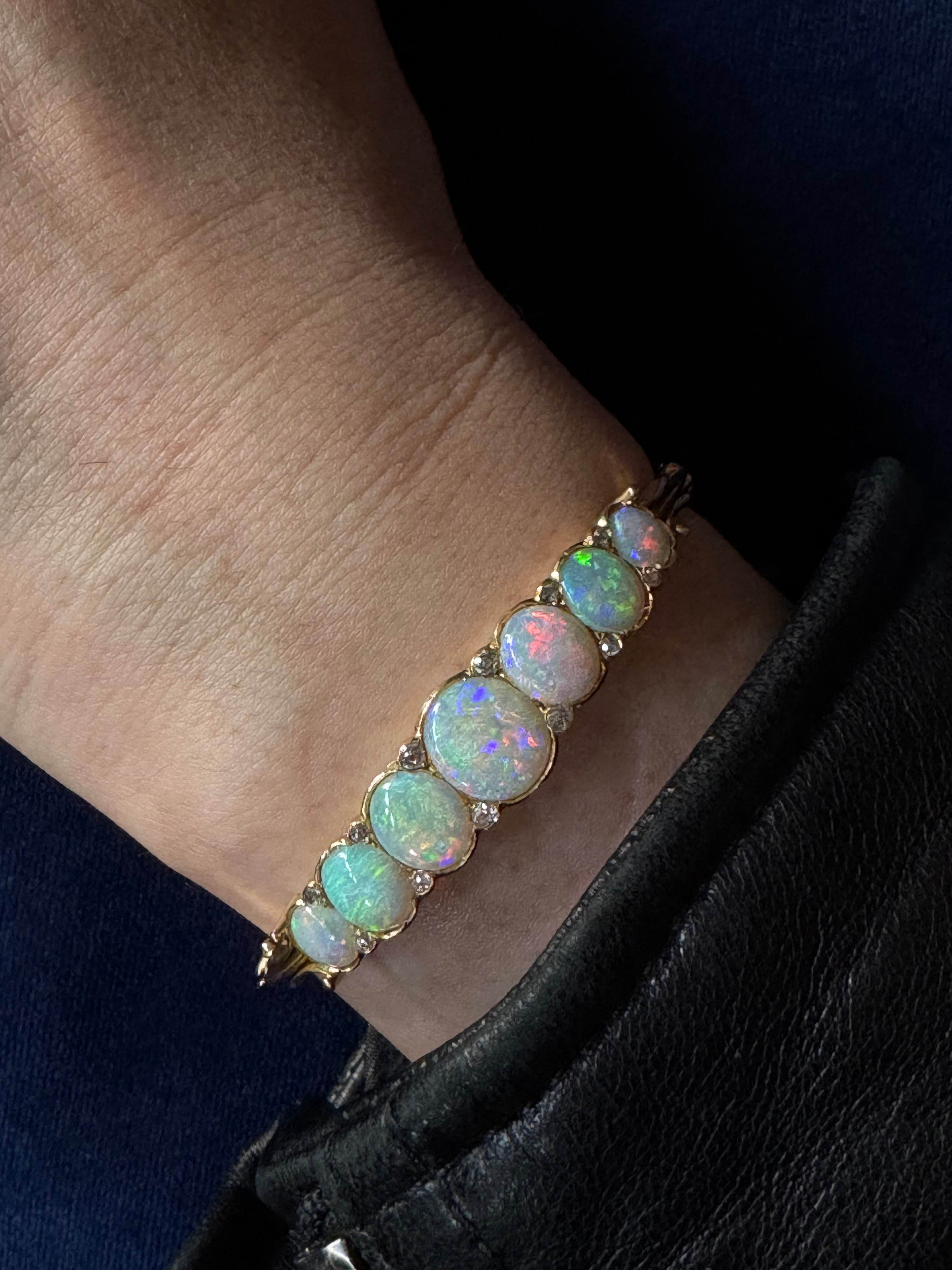 Antique Victorian 18k Opal & Diamond Half Hoop Bangle