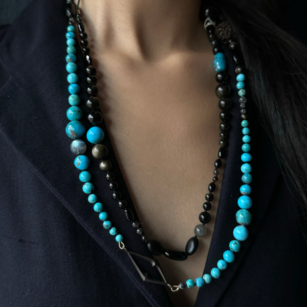 Gabriella Kiss Bronze Persian Turquoise & Black Obsidian Story Necklace