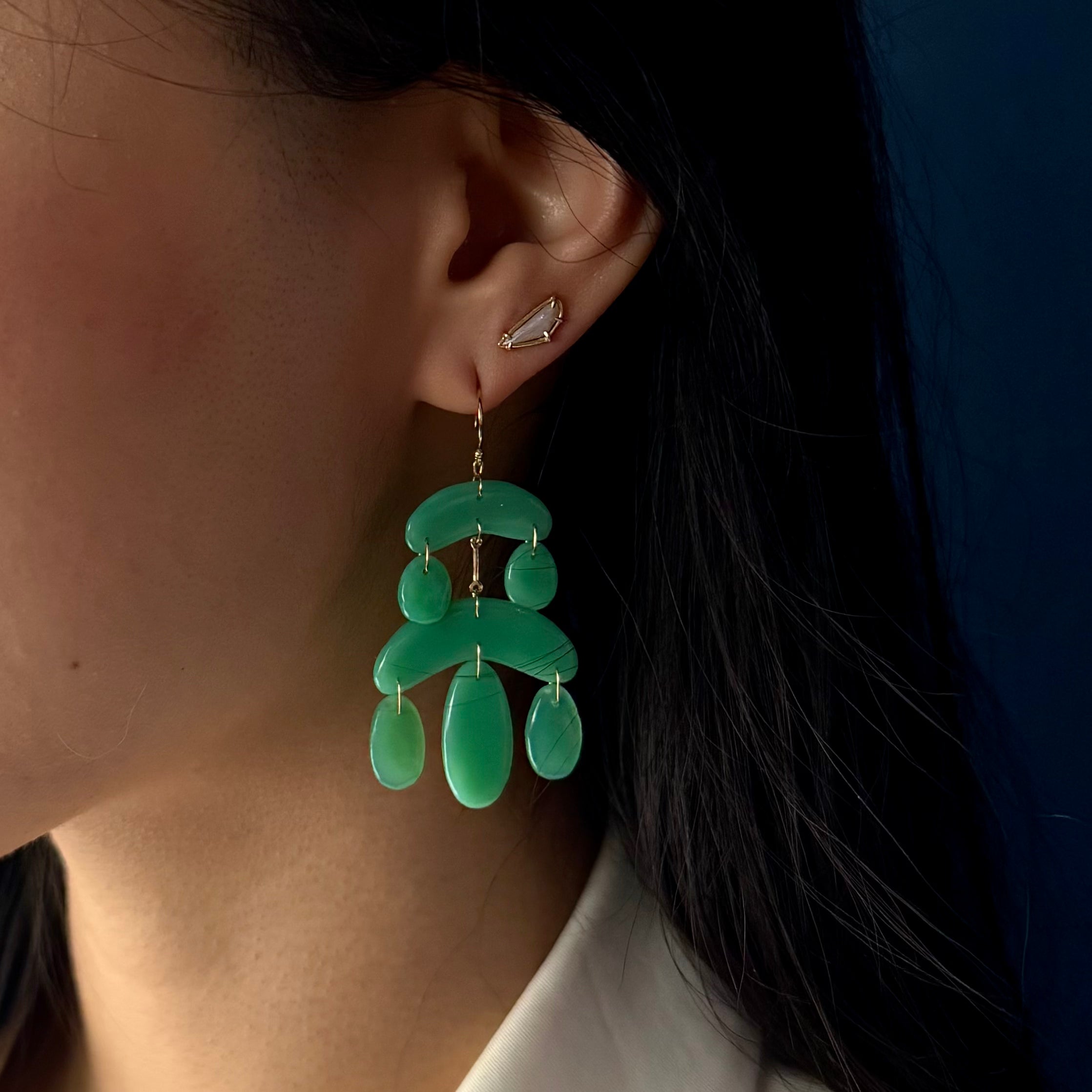 TenThousandThings 18k Tiny Cut Stone Chrysoprase Chandelier Earrings