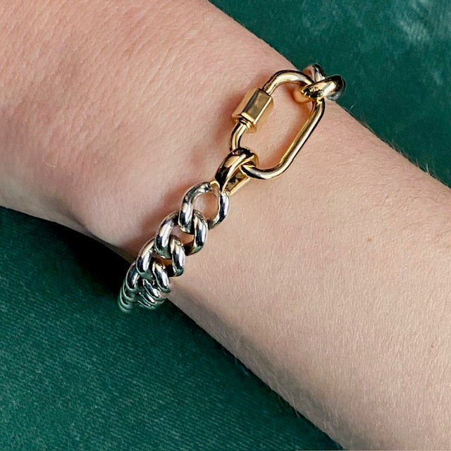 Marla Aaron Silver Mini Mega Curb Chain Bracelet with Yellow Gold Loops