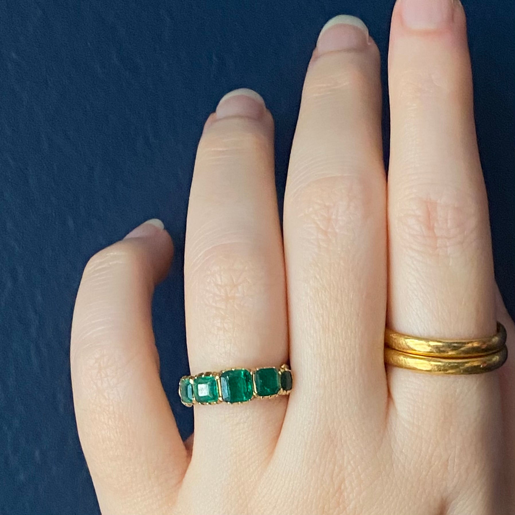 Antique Georgian Revival 18k Five Stone Emerald Ring