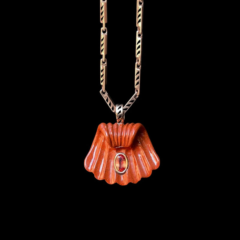 Dezso 18k Carved Red Jasper Capri Shell Pendant w/ Orange Sapphire