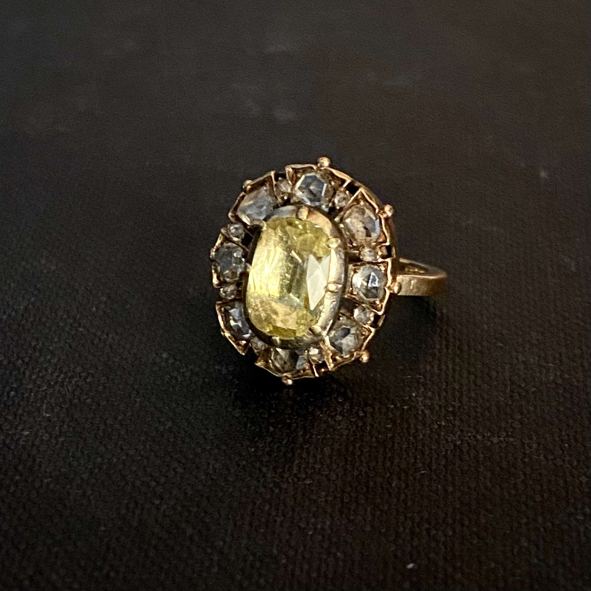 Antique Georgian 15k Silver Chrysoberyl & Rose-cut Diamond Halo Ring