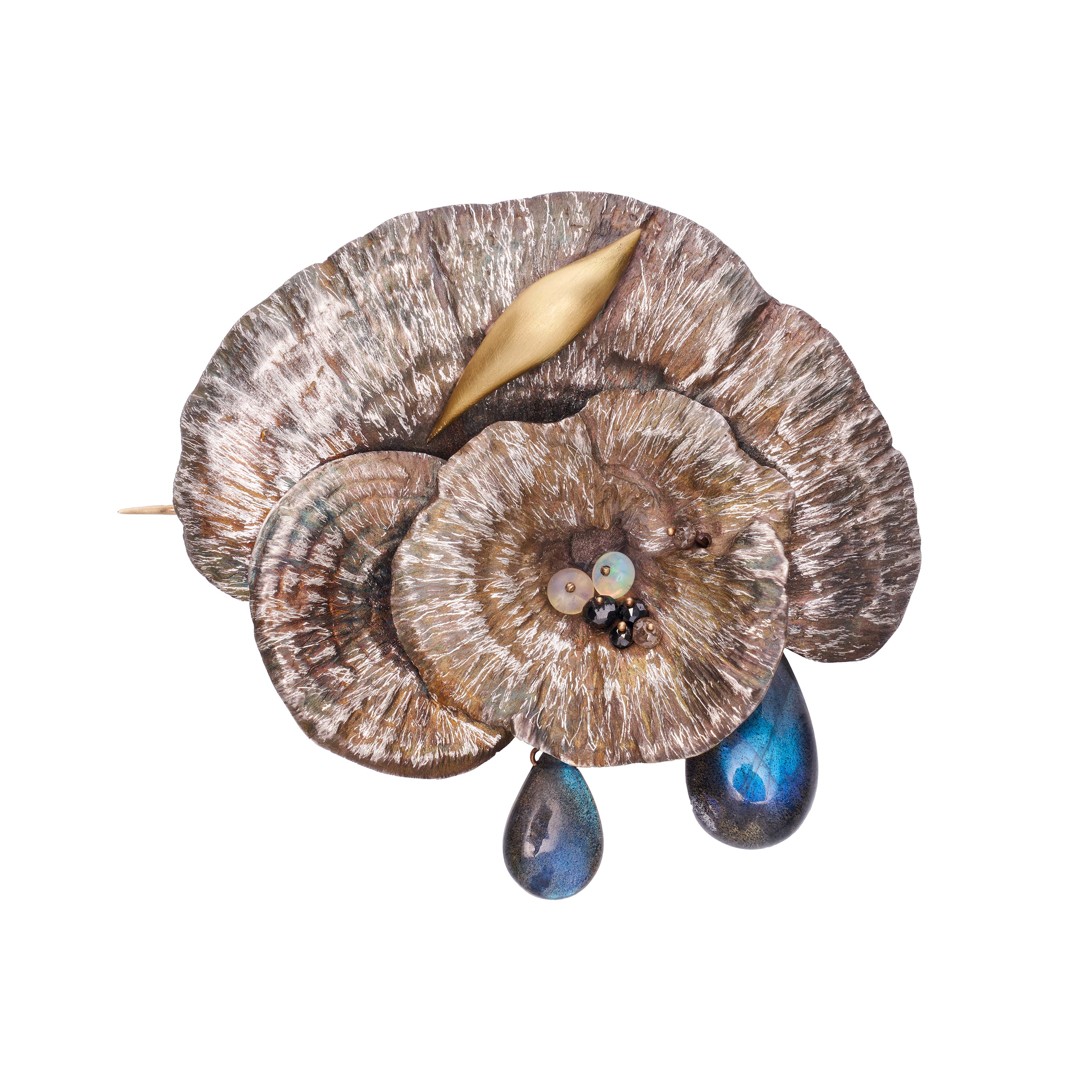 2024 Carborundum brooch Acquamarina Labradorite Leopard Shell